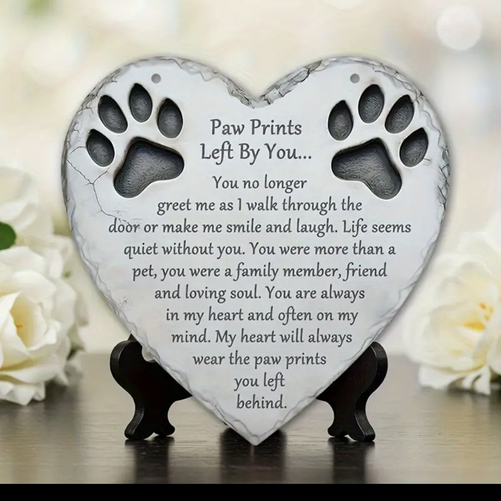 Heart-Shaped Paw Print Memorial Plaque No Stand